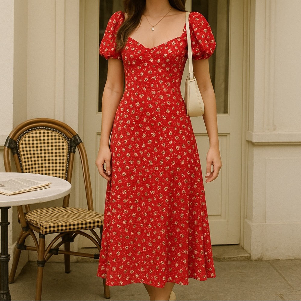 LAIT Collection NWT Red Floral Sweetheart Babydoll Puff Sleeve Midi Dress M